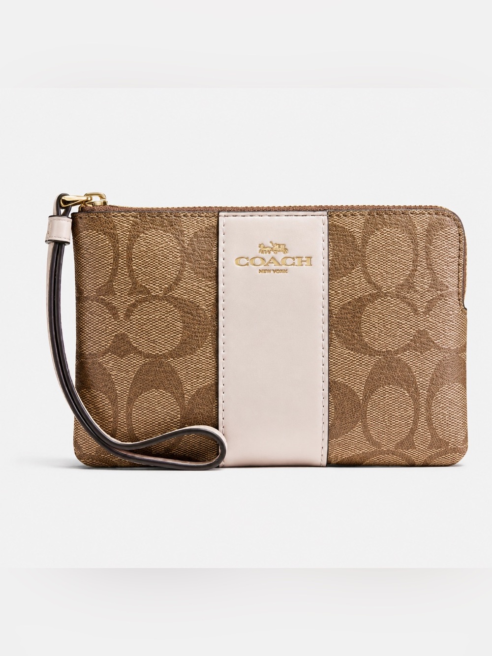 Coach Corner Zip Wristlet Signature Canvas Khaki Chalk 58035 IMDJ8